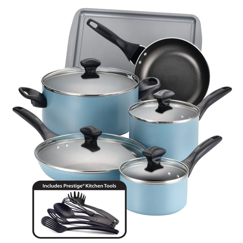 Farberware 15-Pieces Dishwasher Safe Nonstick Cookware Set, Aqua