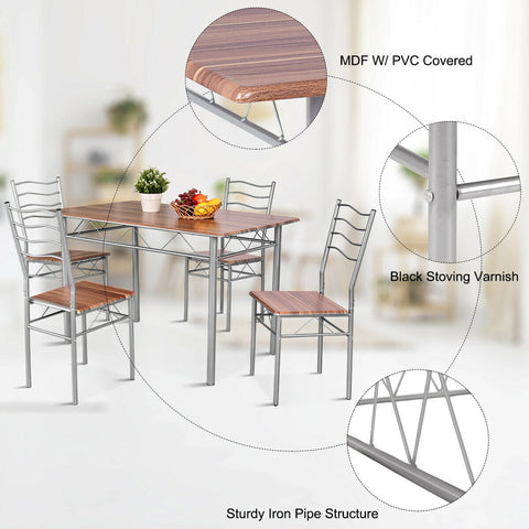 Costway 5 Piece Dining Table Set Wood Metal Kitchen Breakfast Furniture w/4 Chair Walnut