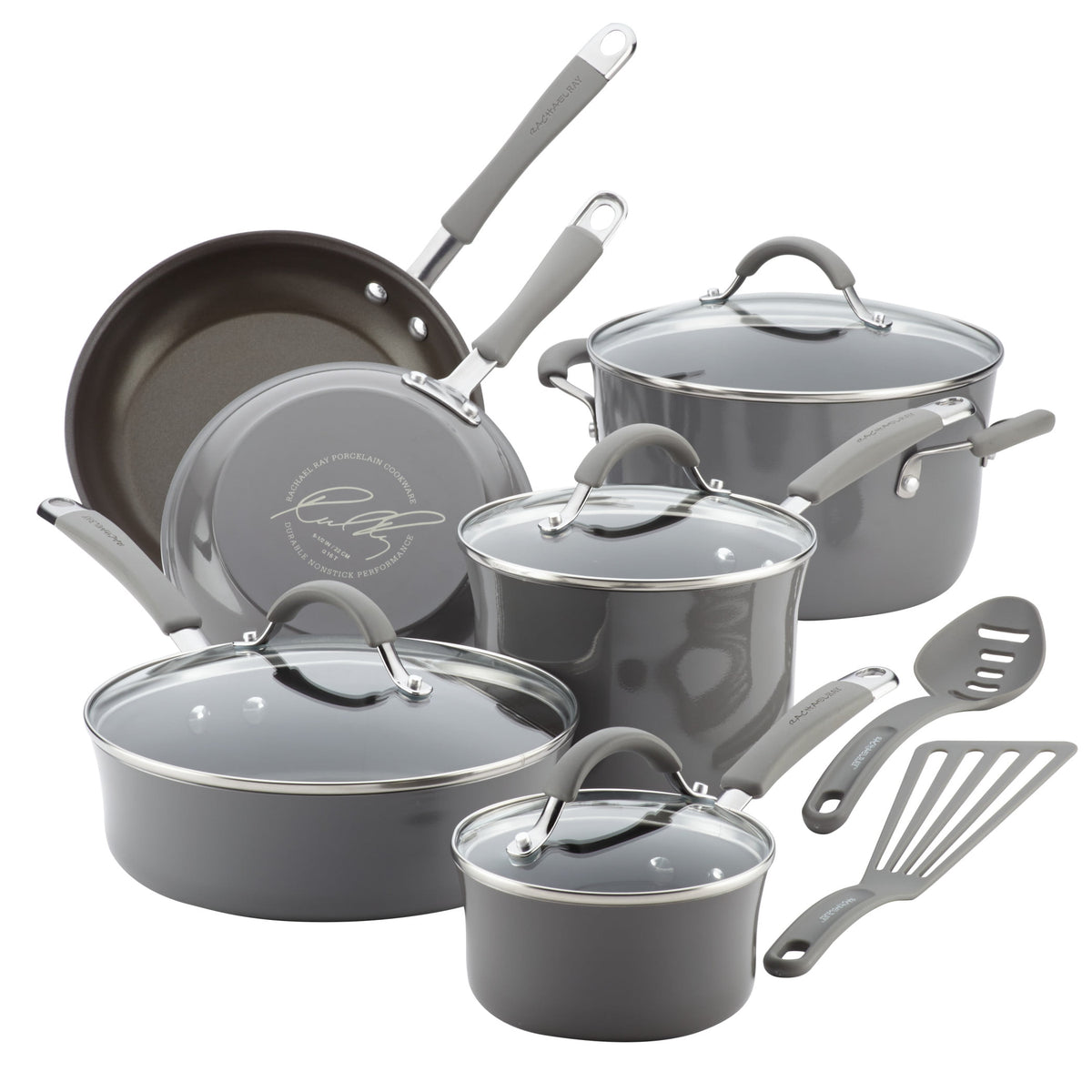 Rachael Ray Cucina Hard Porcelain Enamel Nonstick Cookware Pots and Pans Set, 12-Piece, Sea Salt Gray