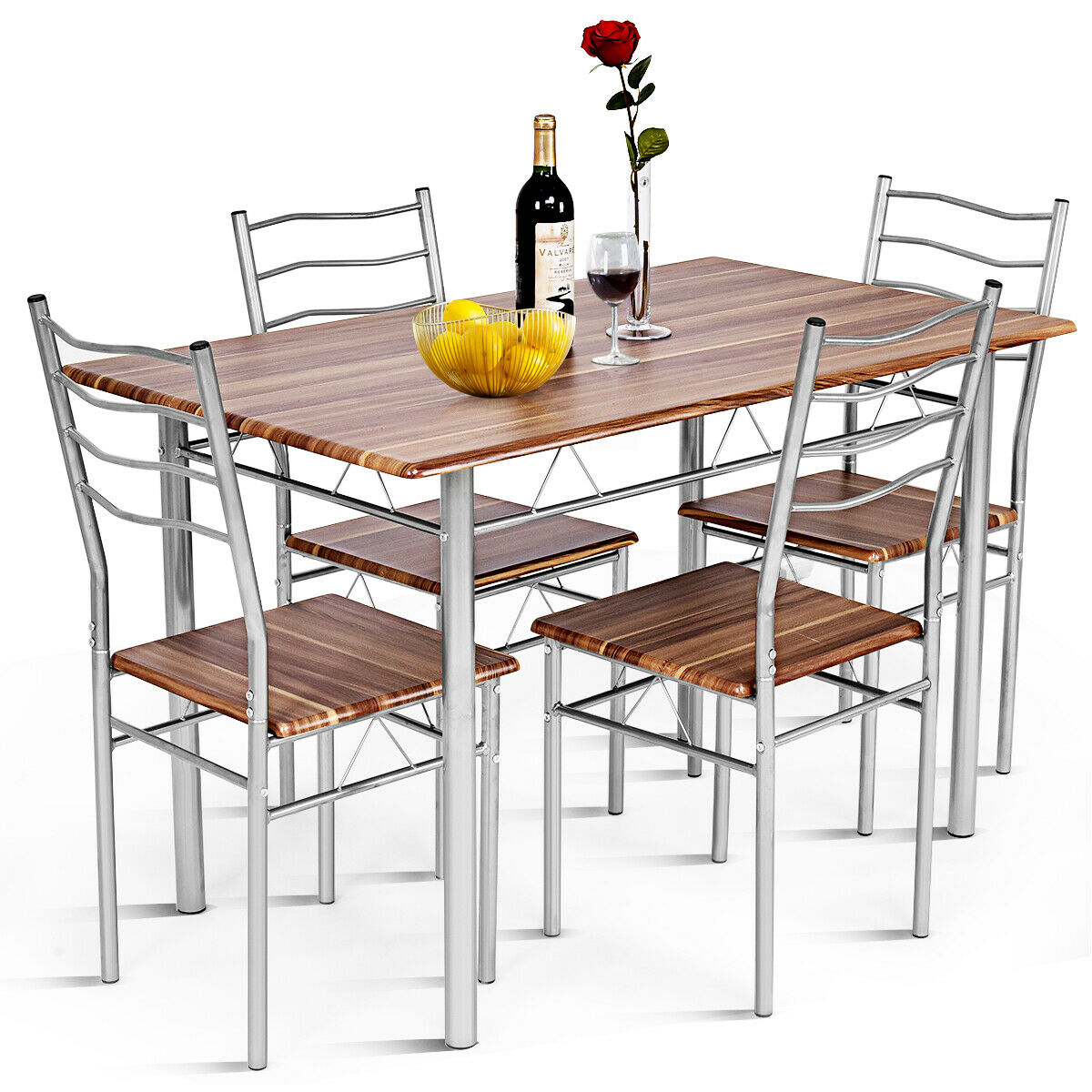 Costway 5 Piece Dining Table Set Wood Metal Kitchen Breakfast Furniture w/4 Chair Walnut