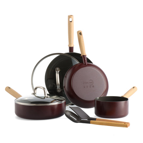 GreenPan Hudson Healthy Ceramic Nonstick, 8 Piece Cookware Pots and Pans Set, Wood Inspired Handle, PFAS-Free, Dishwasher Safe, Merlot Red