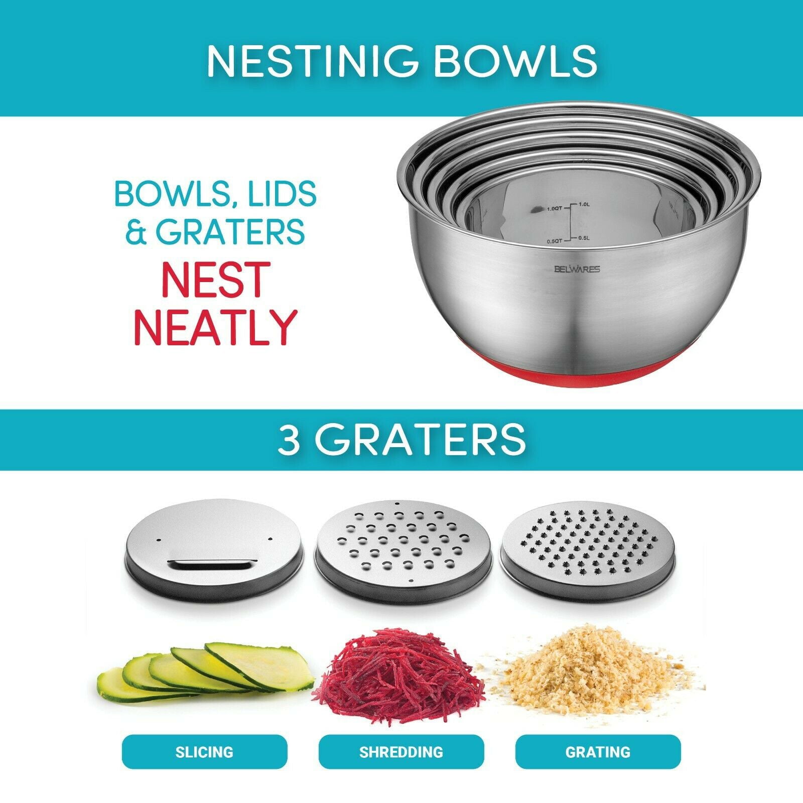 Belwares Stainless Steel Nesting Mixing Bowl Set with (13 Pieces)