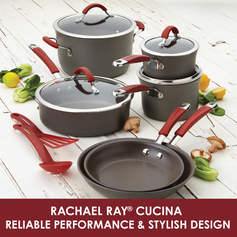 Rachael Ray Cucina Hard-Anodized Aluminum Nonstick Cookware Pots and Pans Set, 12-Piece, Gray with Cranberry Red Handles