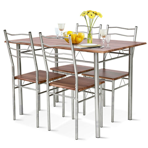 Costway 5 Piece Dining Table Set Wood Metal Kitchen Breakfast Furniture w/4 Chair Walnut