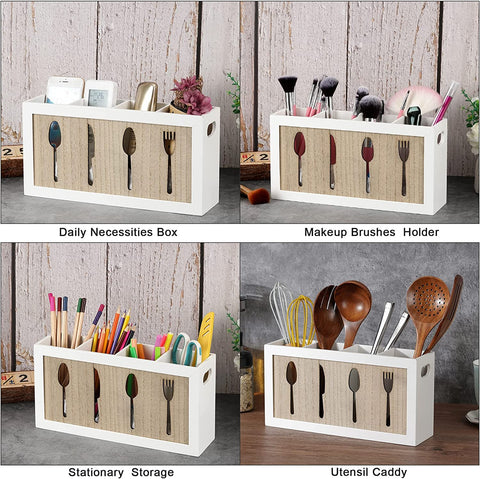 Toto Kitchen Utensil Holder Cooking Utensil Caddy with 3 Compartments Rustic Wooden Utensil Organizer