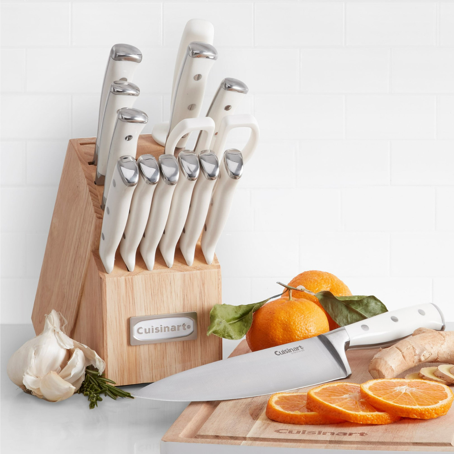 Cuisinart Classic Forged Triple Rivet 15-Piece Cutlery Set with Block, White and Stainless