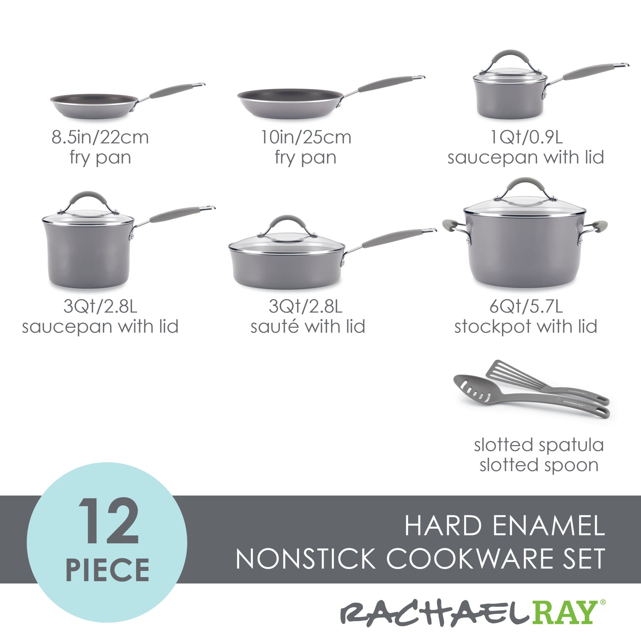 Rachael Ray Cucina Hard Porcelain Enamel Nonstick Cookware Pots and Pans Set, 12-Piece, Sea Salt Gray