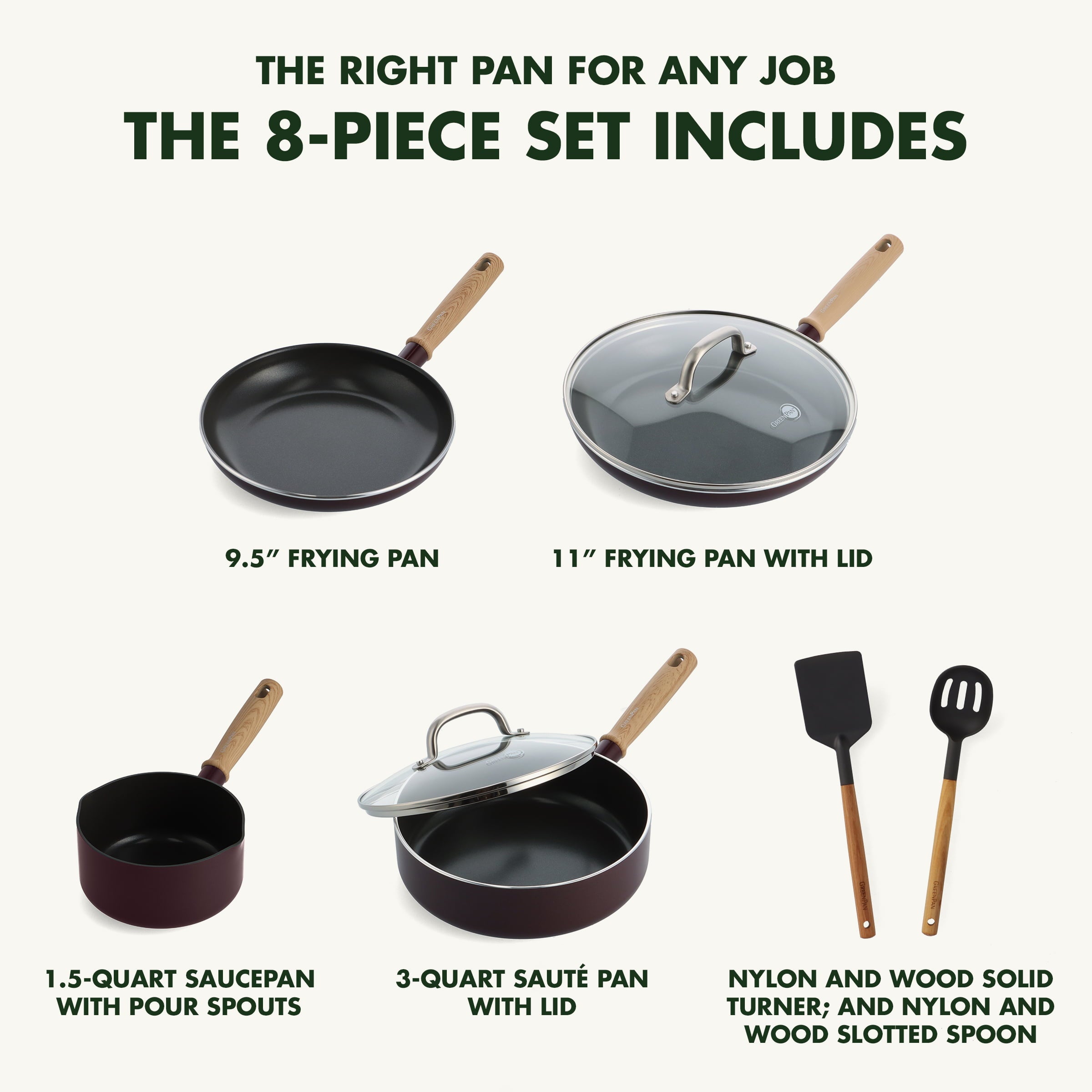 GreenPan Hudson Healthy Ceramic Nonstick, 8 Piece Cookware Pots and Pans Set, Wood Inspired Handle, PFAS-Free, Dishwasher Safe, Merlot Red