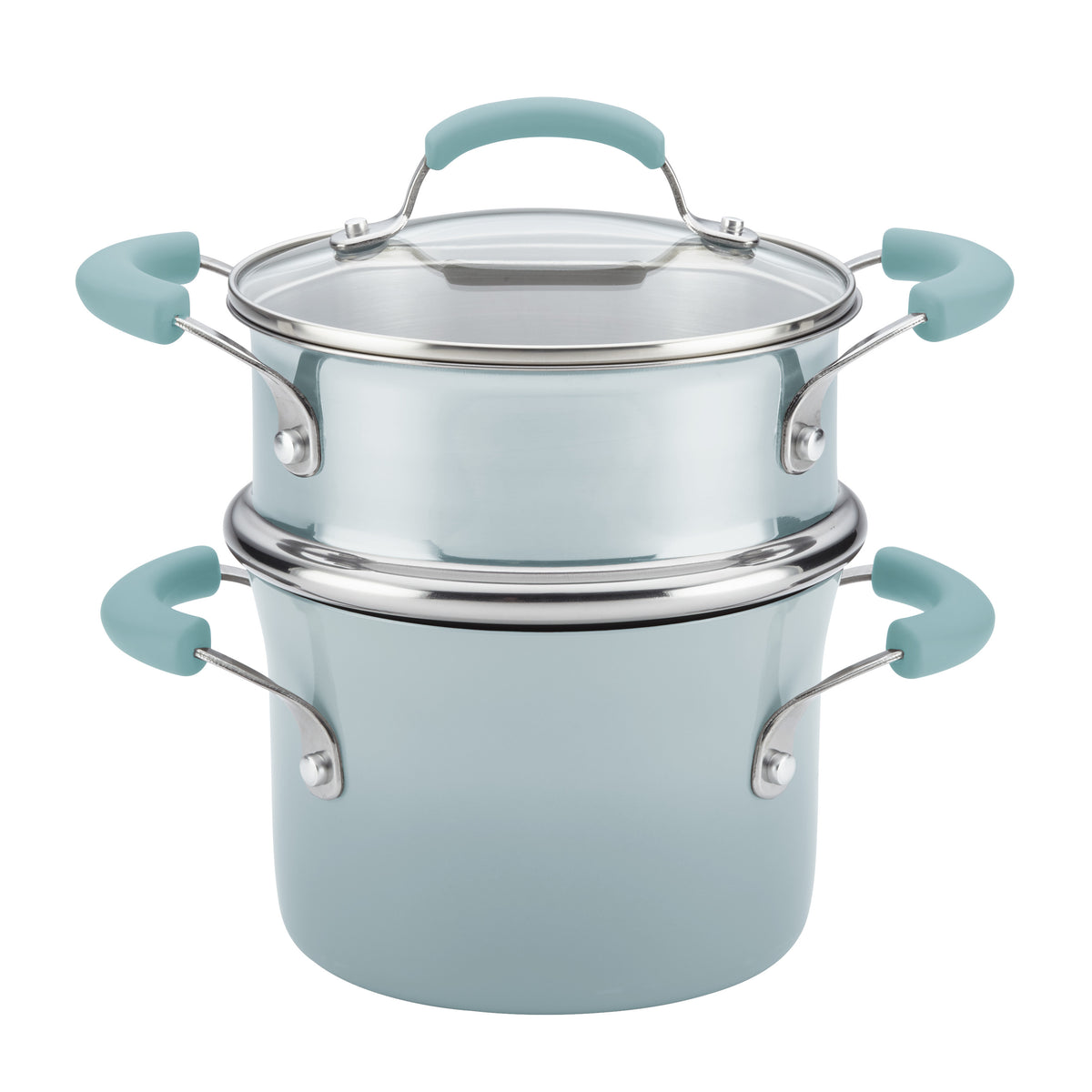 Rachael Ray Classic Brights Hard Enamel Nonstick 3-Quart Covered Steamer Set, Sky Blue