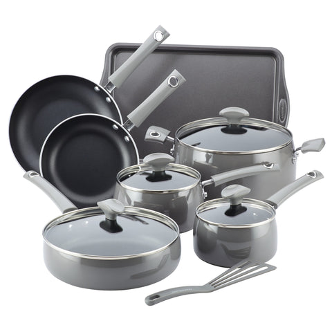 Rachael Ray Cityscapes Porcelain Enamel Nonstick Cookware Set, Sea Salt Gray, 12-Piece