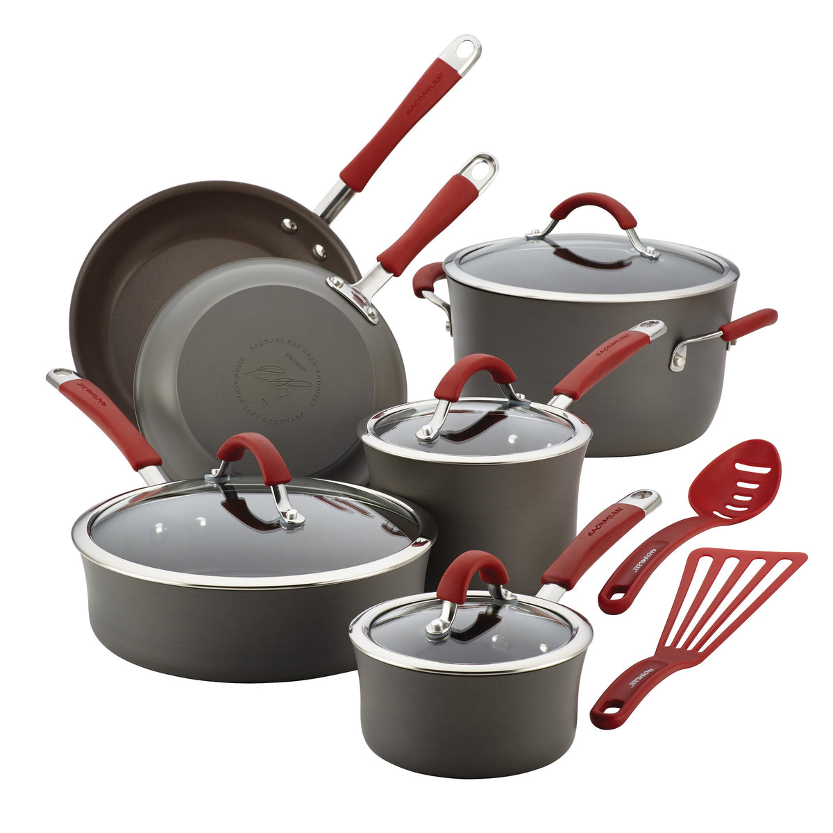 Rachael Ray Cucina Hard-Anodized Aluminum Nonstick Cookware Pots and Pans Set, 12-Piece, Gray with Cranberry Red Handles