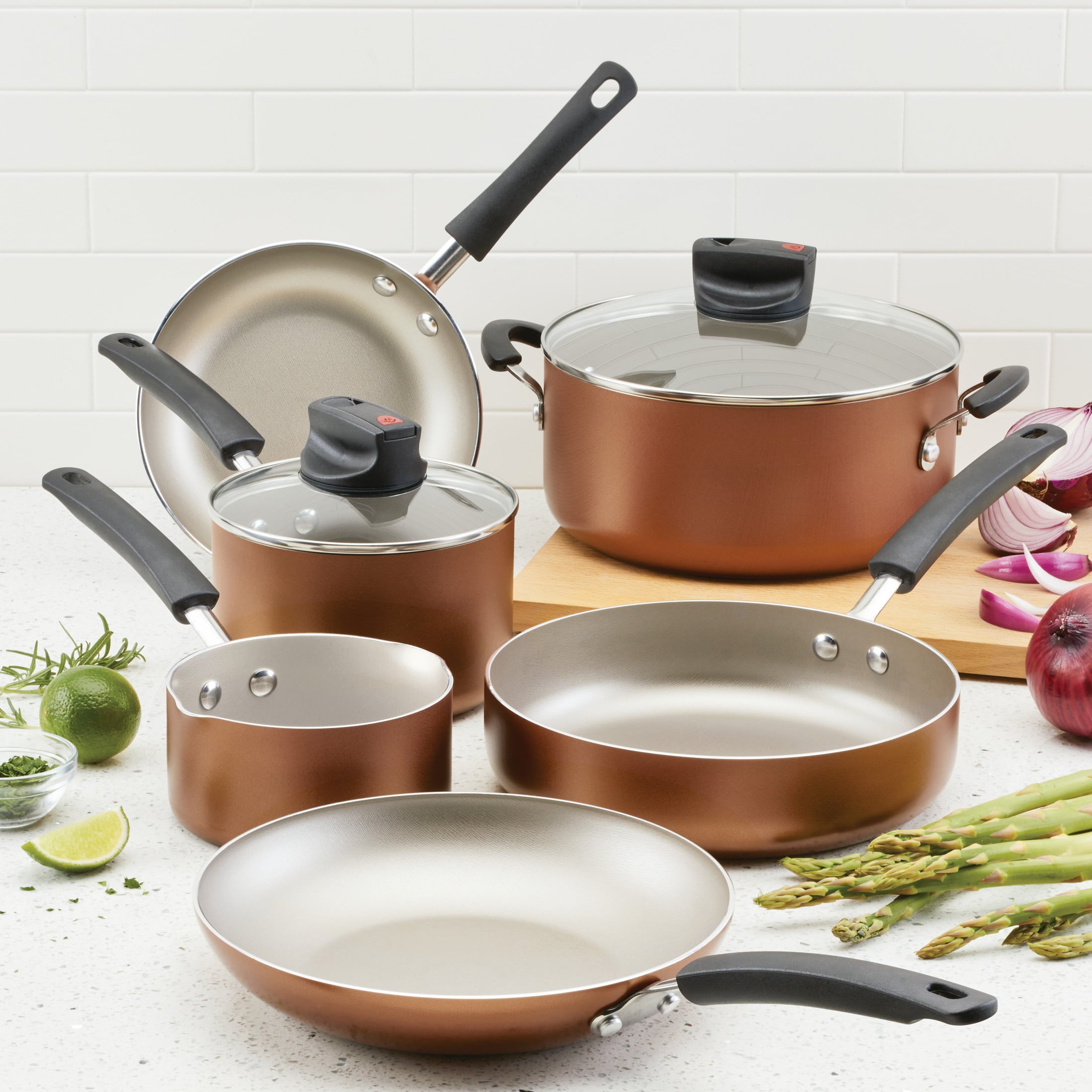 Farberware Easy Clean Steam Vent Cookware Nonstick Pots and Pans Set, 14-Piece, Copper